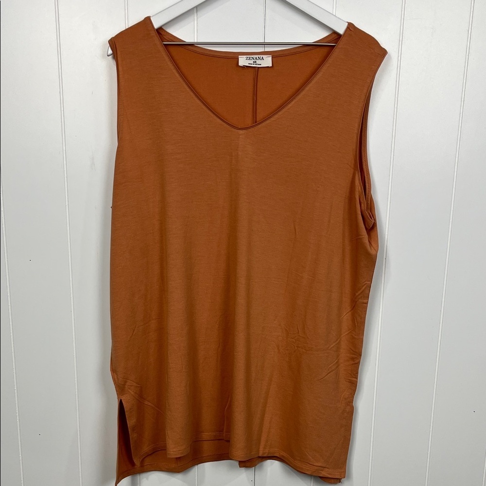 Zenana Womens Pullover Tunic 2X Burnt Orange Vneck Sleeveless Side Slits NWOT